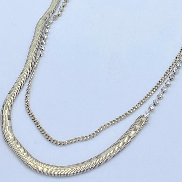 Chicos Muted Gold Tone Long Snake Chain Muti Textured With Rhinestones Necklace - Picture 7 of 8